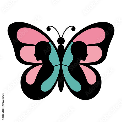 colorful vector illustration of butterfly with mirrored female silhouettes symbolizing dual identity transformation femininity balance psychology growth and inner harmony concept
