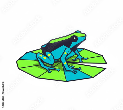 Vibrant geometric frog illustration sitting on a lily pad, showcasing a modern polygonal design with sharp angles and contrasting blue and green colors, perfect for nature-themed graphic projects