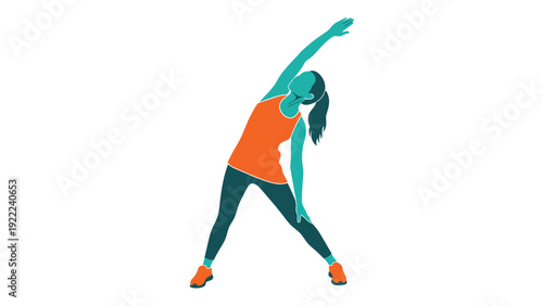 Fitness woman stretching side body, performing side bend exercise. Active lifestyle and wellness concept illustration.