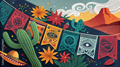 Bold contemporary mixed media collage colourful Cinco de Mayo banner with vibrant paper picado embellishments, red green yellow blue and high-contrast tones, Mexican heritage celebration and avant-gar