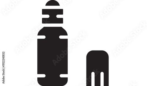 Bottle travel toiletries icon with cap and small container silhouette, minimal black pictogram for hygiene kit, cosmetic packaging, hotel amenity, app UI symbol