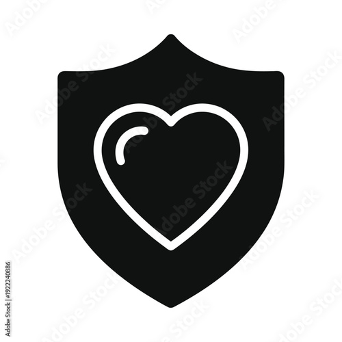 Black shield icon with heart symbol on isolated, ui elements