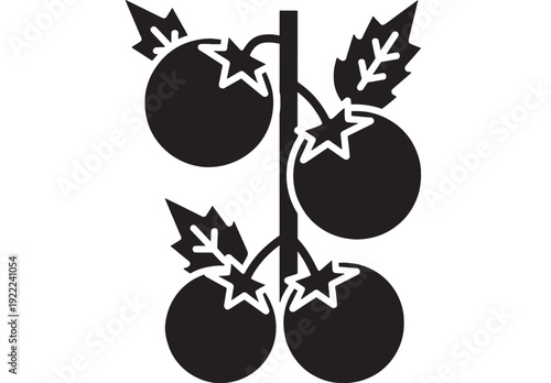 Tomatoes icon with cluster on vine and leaves, black silhouette flat pictogram for food label, grocery app, healthy cooking infographic, simple isolated vector style
