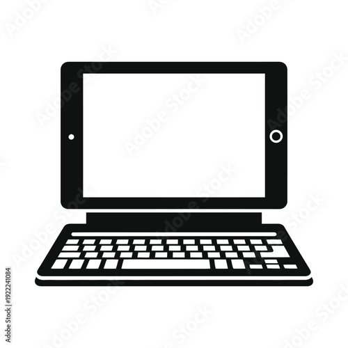 Black laptop computer icon with white keyboard on isolated, ui elements
