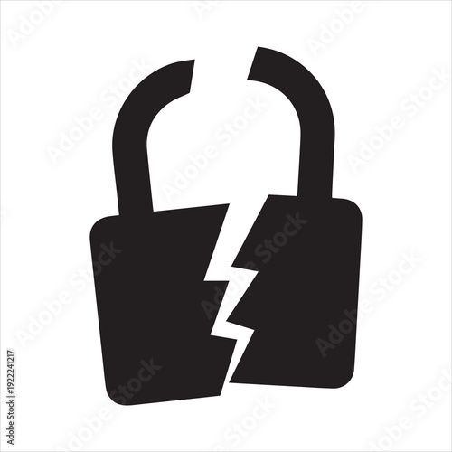 Black Broken or cracked lock icon isolated. Unlock sign. Vector Illustration