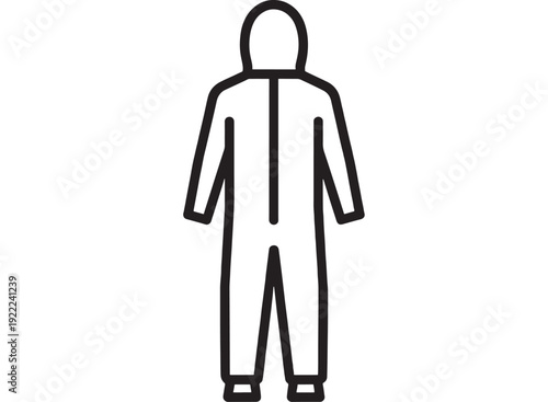Jumpsuit hazmat protective suit icon with hooded coverall outline, safety workwear symbol in black line style isolated on white for UI, signage, and manuals