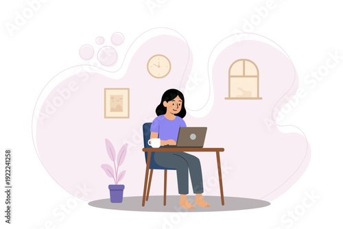Young Woman Working at Home Desk with Laptop Remote Work Concept Flat Illustration