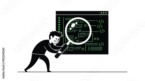 Software Developer Debugging Code with Magnifying Glass Illustration