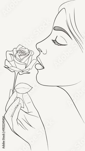 Minimalist line art woman with elegant mood smelling rose against black paper background with copy space