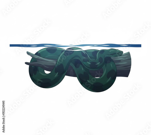 A large green python slithers on a tree branch partially submerged in clear blue water, symbolizing nature and wildlife