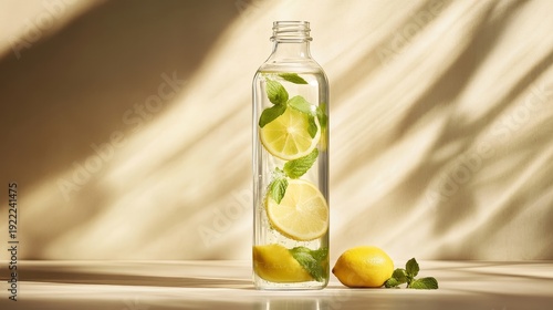 bottle with slices of fresh lemon and sprigs of fragrant mint 