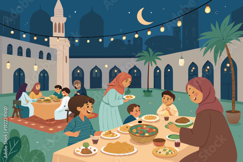 Community Iftar Mosque Courtyard Warm And Joy Premium Digital Asset Suitable for Design