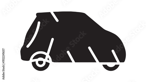 Car icon with heavy rain falling, black silhouette vehicle in bad weather, simple flat pictogram for transportation alert, storm warning, safety and insurance design