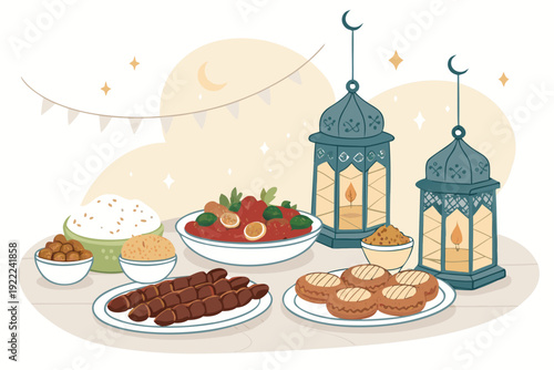 Featuring Iftar With Plates Food And Glowing Elegant High-Quality Stock Image