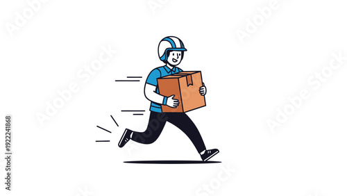 Speedy delivery person in helmet running with package