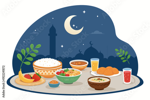 Iftar Meal Scene With Rice Soup Fruits And Dri Premium Digital Asset Perfect for Editorial Content