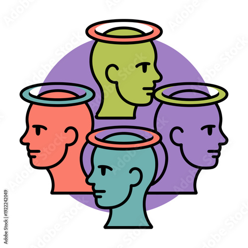 colorful vector illustration of multiple human heads with halos symbolizing ethics morality personality psychology diversity character traits and social identity concept