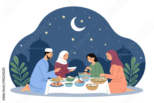 Vibrant Muslim Community Sharing Food Together Ramadan High-Quality Stock Image