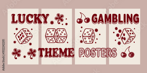 Four retro posters with gambling themes featuring dice and musical notes