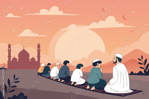 Beautiful Muslim Congregation Prayer Sunset Sky Creative Visual