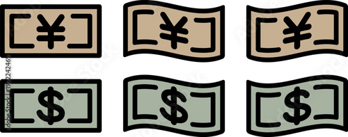 日本円とアメリカドルの紙幣のアイコン。（Japanese yen and American dollar banknote icons.）
