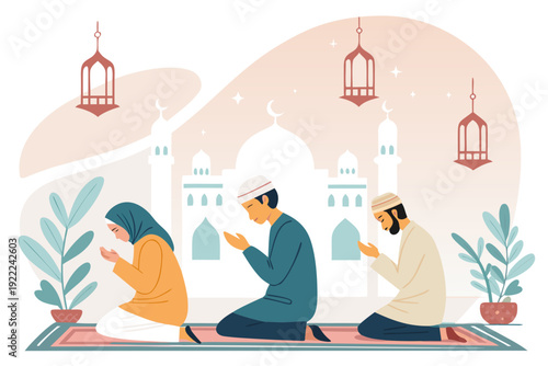Featuring Muslim People Praying Congregation Mosque Int Elegant High-Quality Stock Image