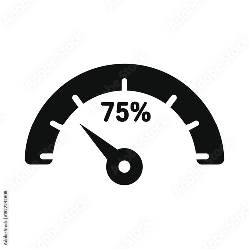 Black gauge meter showing seventy five percent on isolated, ui elements