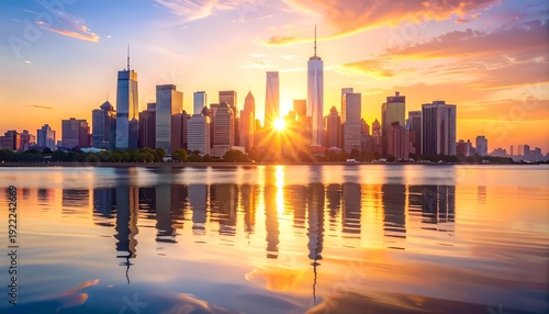 Skyline at sunset, golden light reflecting on calm water, towers silhouetted