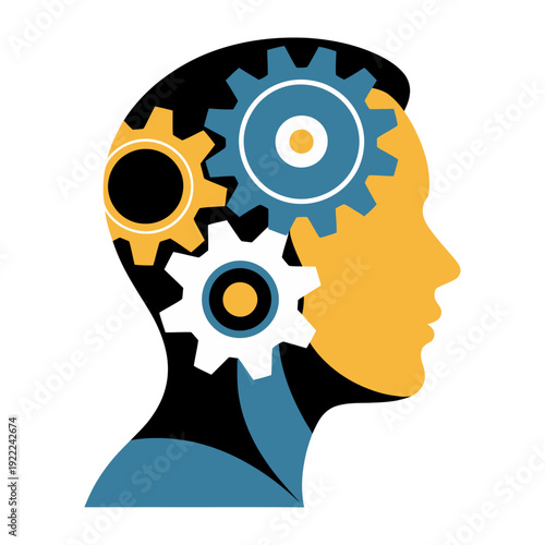 human head with gears inside brain concept creative thinking artificial intelligence and problem solving minimal vector illustration