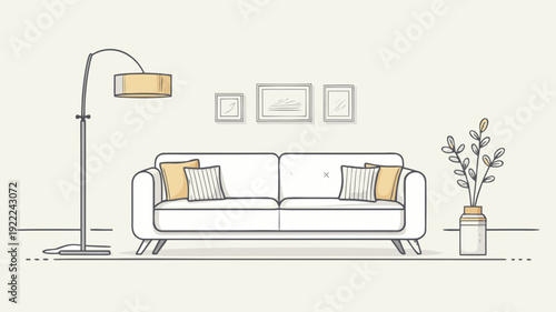 Modern minimalist living room interior design featuring a comfortable white sofa with yellow accent pillows a sleek arc floor lamp and a simple vase with greenery rendered