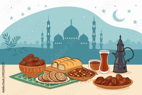 Ramadan Food Table With Dates Bread And Tea High-Quality Stock Image Perfect for Editorial Content
