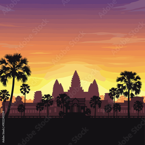 Atmospheric Sunset Landscape Illustration of Cambodia Angkor Wat