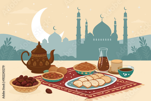 Beautiful Ramadan Food Table With Dates Bread And Tea High-Quality Stock Image