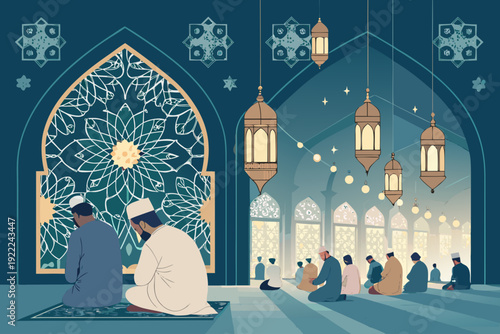 Depicting Ramadan Taraweeh Prayer Together Mosque Lanterns Vibrant Professional Photo