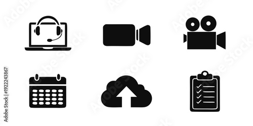 Black and white of computer camera calendar cloud clipboard black, white, computer, camera, calendar, cloud, clipboard, checklist, arrow, upload, online, media, technology, symbols, flat simple shapes