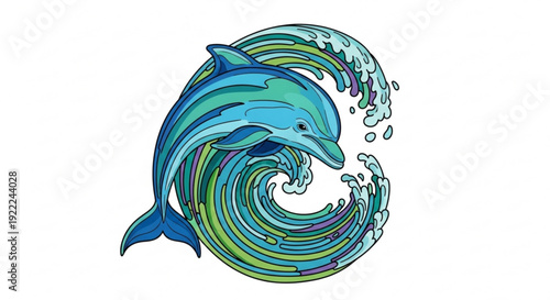 Vibrant dolphin jumping out of colorful ocean wave with water splashes on white background