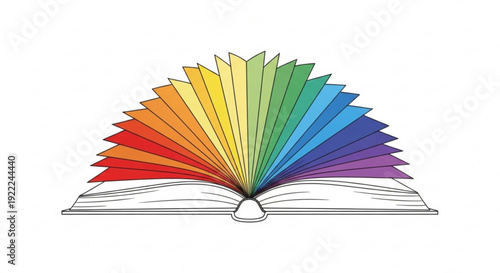 Open book with colorful rainbow pages on white background symbolizing creativity and learning