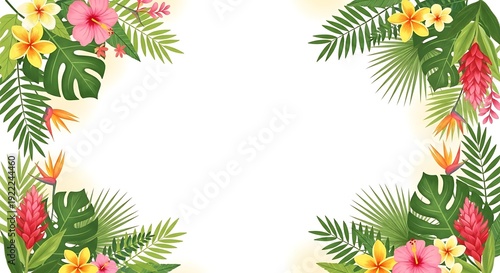 Tropical floral border with pink yellow and orange flowers