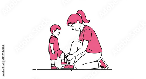 Mother helping young child tie shoelaces simple line art illustration tender moment white background pink and red hues