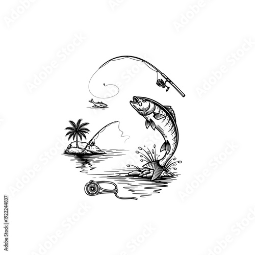 Fish Leaping Out of Water on Fishing Hook