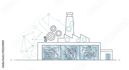 Illustration of a factory building with gears and machinery, industrial concept.