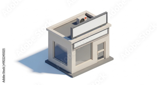 Isometric view of a small commercial building with a blank sign, perfect for advertising.