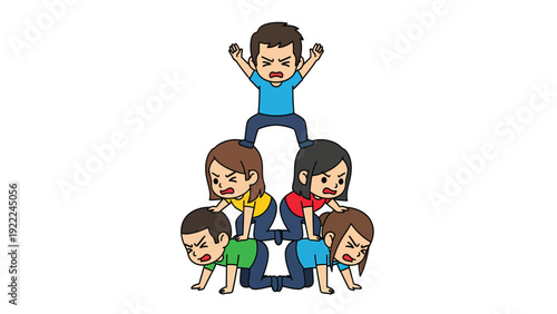 Cartoon human pyramid illustrating hierarchy, burden, and leadership dynamics with stressed team members