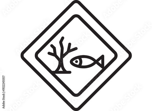 Sign dead fish and barren tree icon in diamond warning frame, black outline pictogram for environmental hazard, pollution alert, toxic water and ecology protection