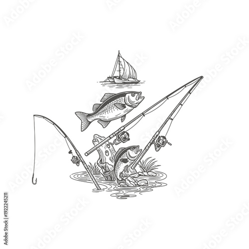 Fishing Rods with Fish and Sailboat