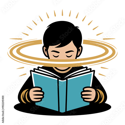 colorful vector illustration of focused student reading book with glowing halo symbolizing knowledge enlightenment education wisdom concentration and personal growth