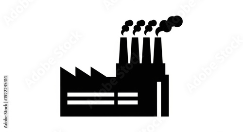 Black silhouette of an industrial factory with smoke stacks emitting pollution into the air.