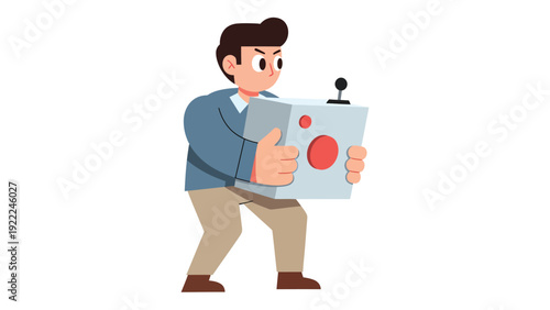 Focused cartoon man holding large control panel with red button and antenna