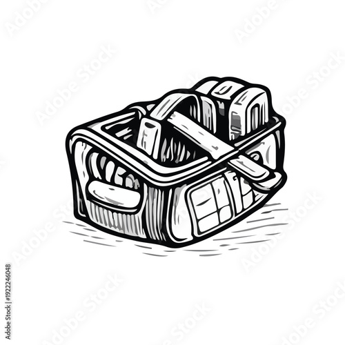 Hand-drawn toolbox illustration in black and white sketch style representing construction tools storage isolated on white.
