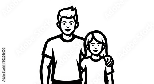 Cartoon man and girl standing together with friendly smiles in simple black and white illustration